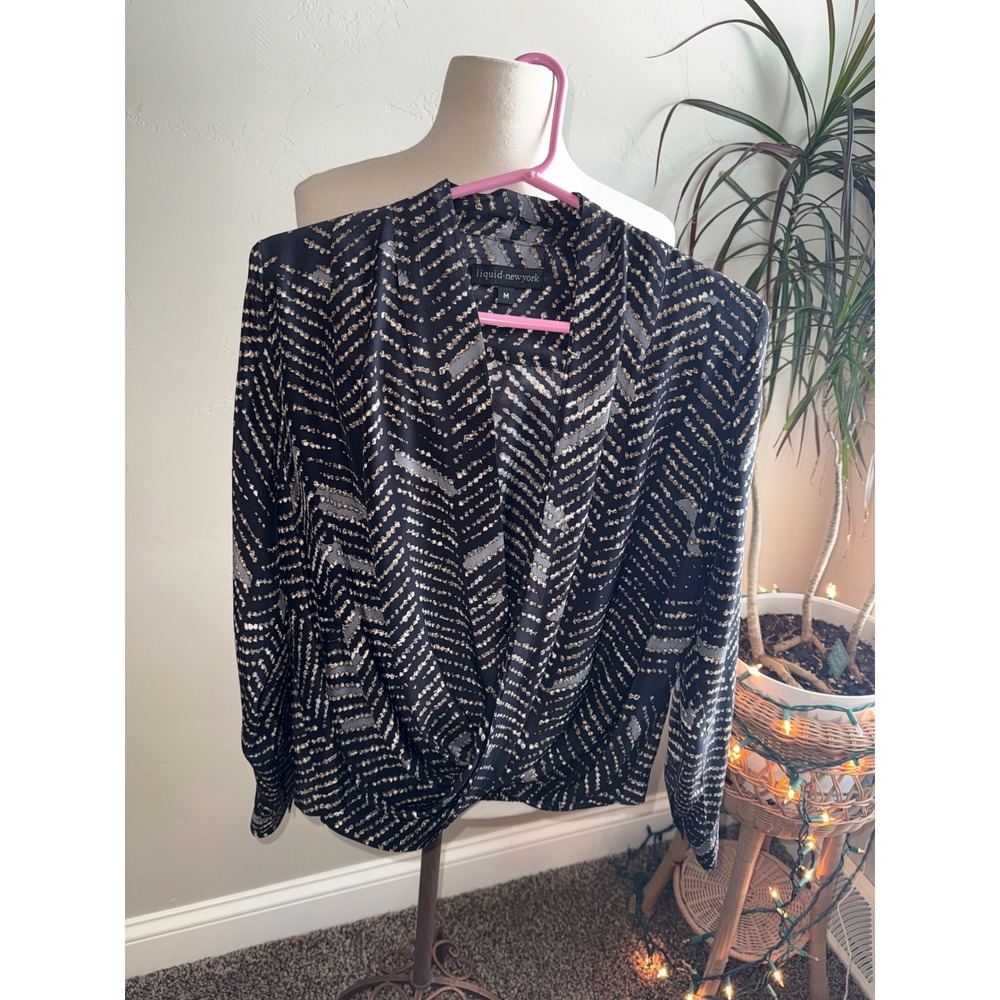 LIQUID NEW YORK Geometric Print Silk‎ Twist Front Long Sleeve Blouse Womens M